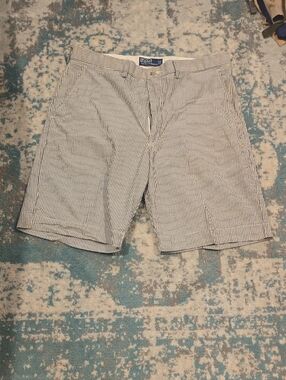 Polo by Ralph Lauren Navy and White Seersucker Flat-Front Shorts